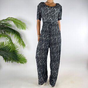 Vintage 90s Jamie Brooke Black & White Floral Short Sleeve Wide Leg Jumpsuit /12
